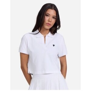 Bad Birdie Womens Pique Rib Collar Polo Cropped White Short Sleeve Top XL UPF 50